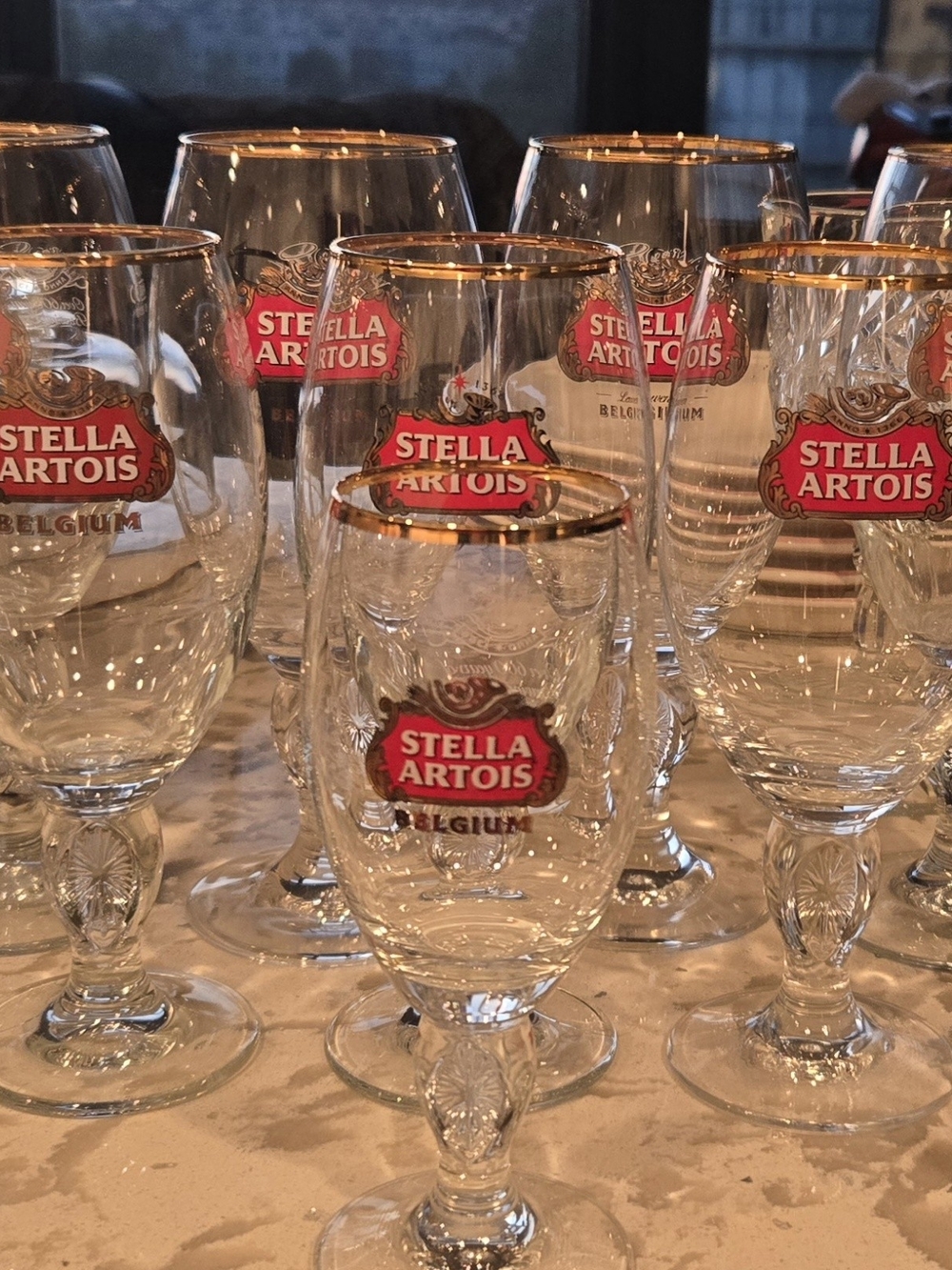 Stella Artois Gold-Rimmed Red Logo Chalice Glass - Set-Ready